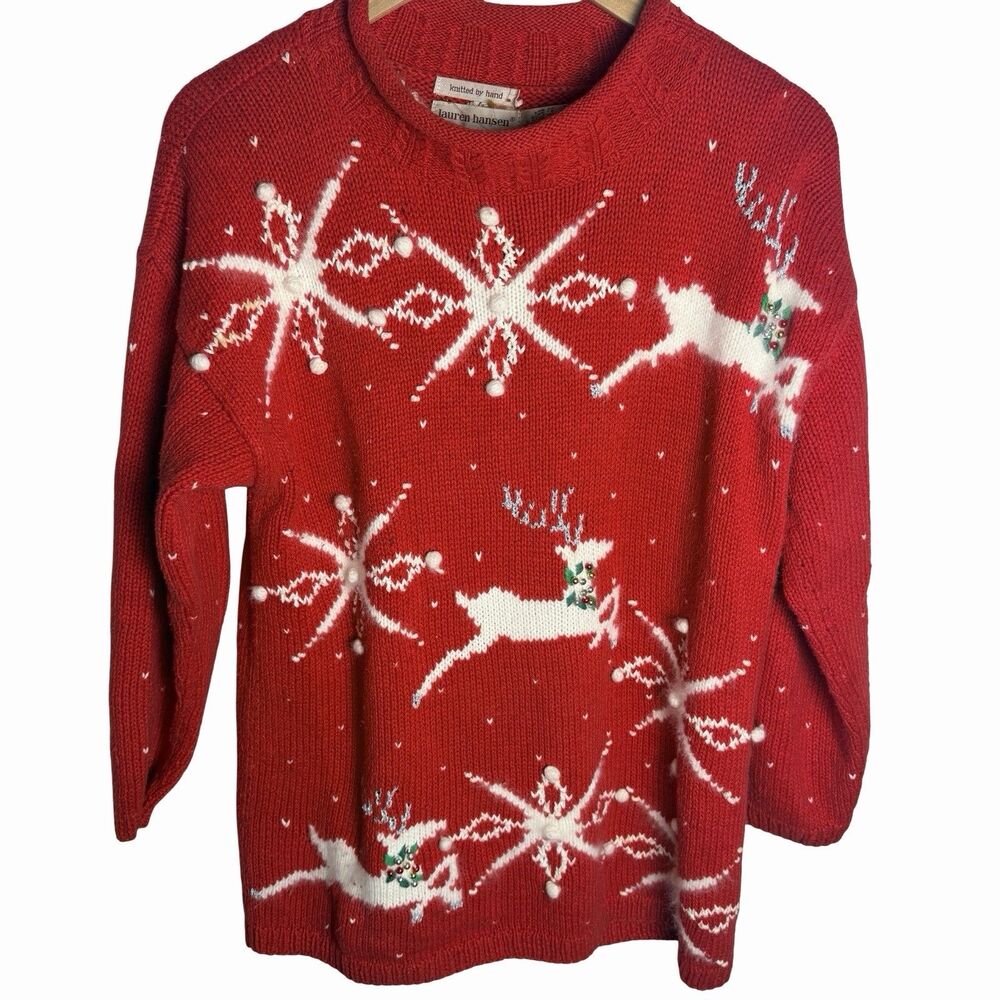 Lauren Hansen Hand Knit Christmas Sweater Reindeer Winter Snowflake Holiday Med